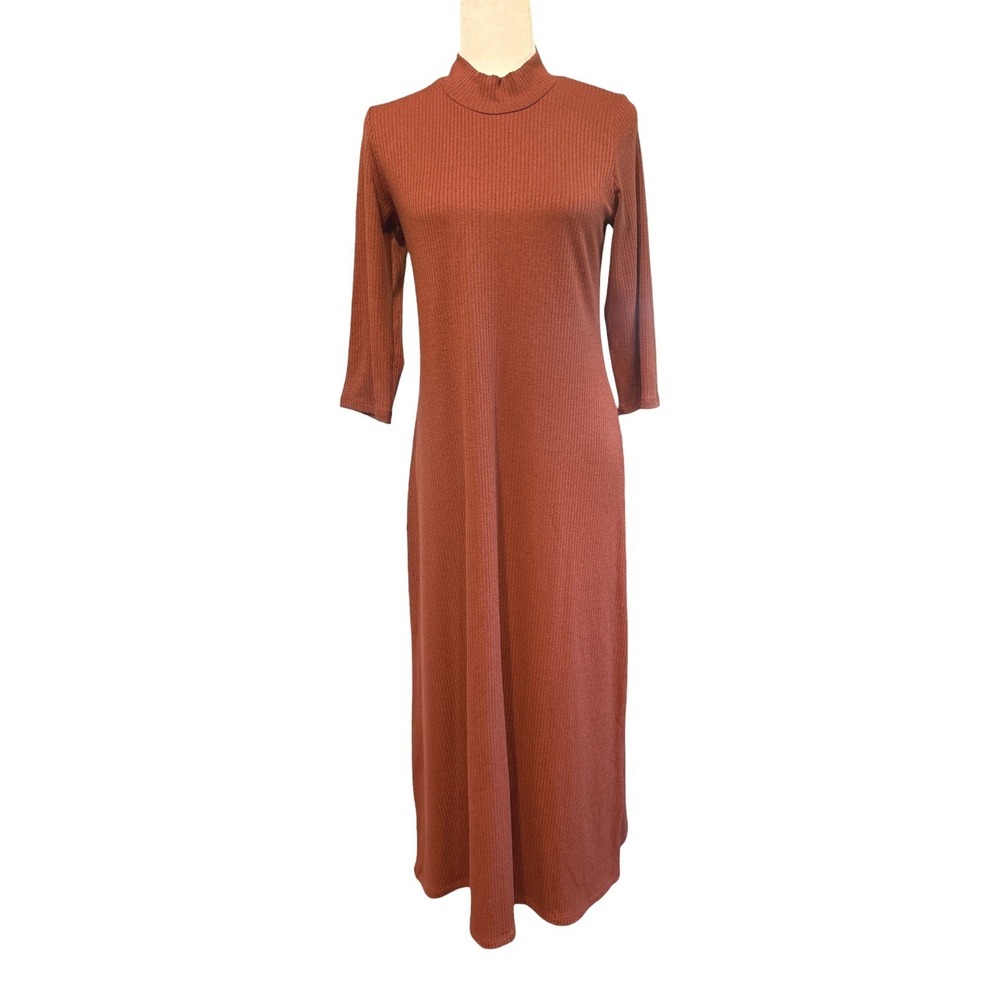 NWT Sonnet James A Play Dress Terracotta Rust Ribbed Mock Neck Maxi Dress Large
